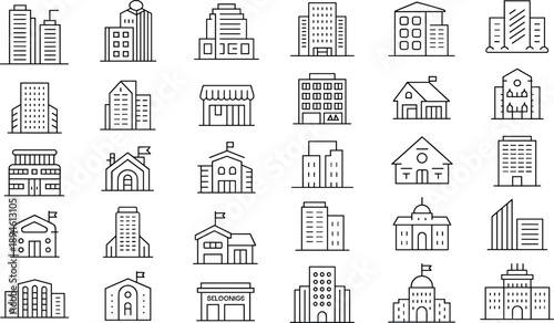 Building icons set, office building vector, house line art, school symbol, government building illustration, real estate design, architecture icon set