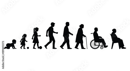 A black silhouette depicting the stages of human life from infancy to old age on transparent background high quality professional detailed