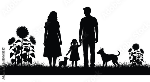 A family with a dog stands in a field of sunflowers depicted as a striking black silhouette on transparent background