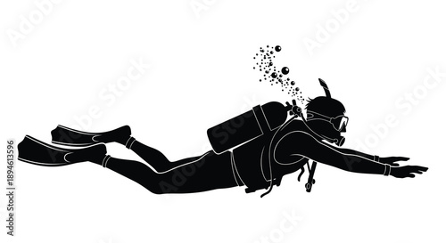 A black silhouette of a scuba diver swimming underwater with bubbles ideal for design projects on transparent background silhouette high quality