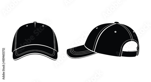 Two views of a black baseball cap showcasing its design and form on transparent background silhouette high quality professional detailed modern