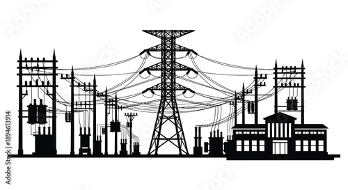 A detailed black silhouette of power lines transmission towers and substations on transparent background high quality professional modern elegant stylish clean