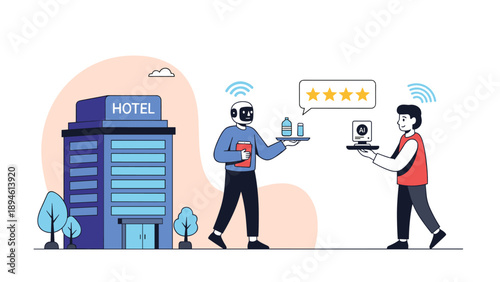 An AI robot providing room service to a guest at a smart hotel, showcasing the future of automation in the hospitality industry.