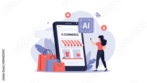 A woman using her smartphone for an AI-enhanced online shopping experience, with personalized recommendations on an e-commerce app.