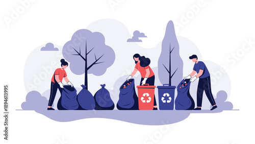 A group of young volunteers cleaning up a park by collecting litter in trash bags and sorting it into recycling bins.