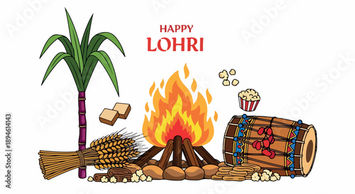 Illustration of a Lohri celebration with fire, drum, and offerings against a festive background.