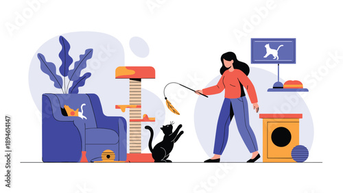 Cozy domestic scene illustration of a young woman playing with her black cat using a feather toy in a living room filled with cat furniture like a tree and bed.