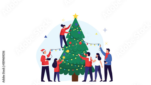 Happy group of friends or family working together to decorate a large Christmas tree with ornaments, lights, and a star for the holiday season.