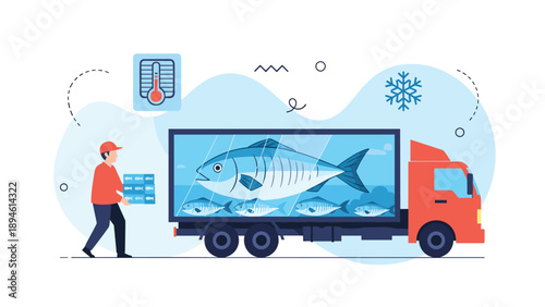Illustration of a worker loading boxes of fresh fish into a large refrigerated truck, symbolizing the transportation and logistics of frozen seafood.