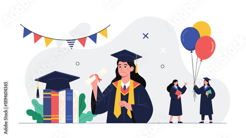 Joyful illustration of a female graduate in a cap and gown holding a diploma, with books, balloons, and other students celebrating in the background.