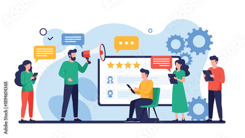 Public relations and customer feedback concept showing a team using megaphones and clipboards to gather online reviews and ratings from people.
