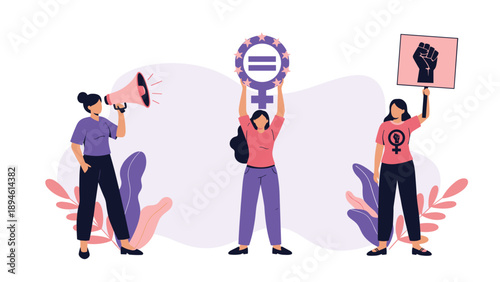 A powerful illustration of three women advocating for feminism and gender equality, holding a megaphone, an equality symbol, and a raised fist sign.