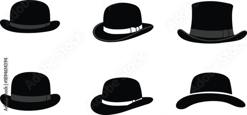 Collection of bowler and top hat silhouettes with hat bands, vintage men’s fashion headwear icons for retro and formal style