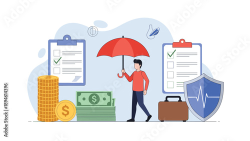 Comprehensive insurance concept illustration with a man holding a red umbrella for protection, surrounded by money, documents, and a health shield icon.