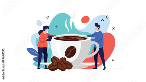 A modern flat illustration showing a tiny man and woman standing next to a giant cup of hot coffee with coffee beans, symbolizing coffee lovers or a coffee break.