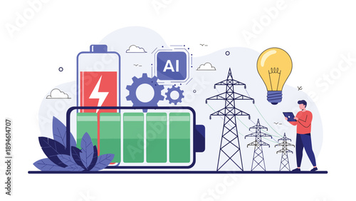 Smart grid and renewable energy concept showing a man using a tablet to manage power from batteries and AI, distributing it through transmission towers.