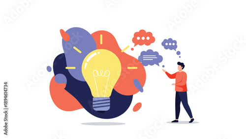 A young man standing next to a giant lightbulb and generating ideas, represented by speech bubbles, in a colorful and abstract creative thinking concept.