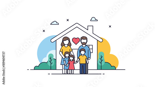 Line art illustration of a happy family, including a mother, father, son, and daughter, standing together in front of their house with a heart symbol.