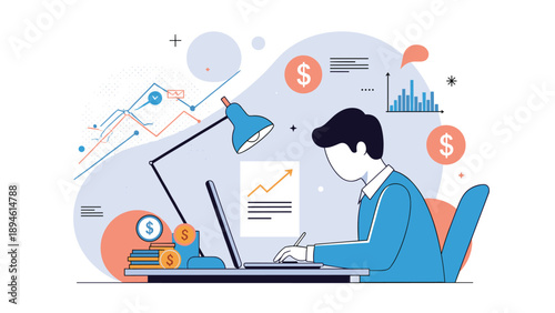 A businessman working at his desk with a laptop, analyzing financial data charts and graphs, with stacks of coins indicating business growth and profit.