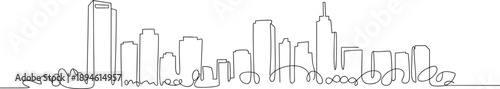 City skyline illustration, urban landscape drawing, continuous line art of skyscrapers, modern architecture design, downtown buildings sketch, minimal city outline