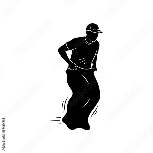 Minimalist black silhouette illustration of a man jumping during a traditional sack race competition, isolated on white background.