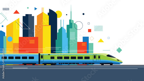 A modern, high-speed train traveling past a vibrant and colorful abstract city skyline, representing fast urban transit and public transportation.