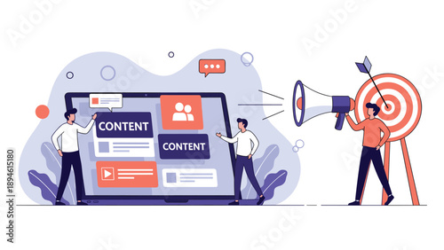 Content marketing strategy concept with a team creating digital content on a laptop, while a marketer uses a megaphone to hit a target audience.