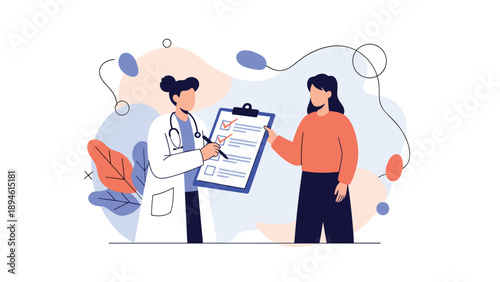 A female doctor in a white coat holding a clipboard and discussing a health checklist with a female patient during a medical consultation.