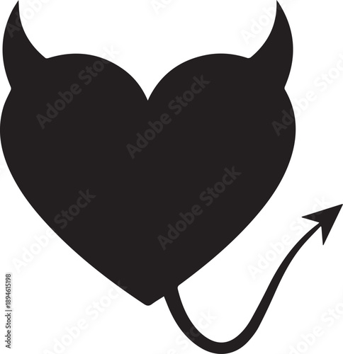 Heart with devil horns and tail Silhouette vector black on a white background