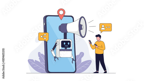 A man using a smartphone interacts with an AI robot chatbot emerging from a larger screen with a megaphone, illustrating automated digital marketing and communication.