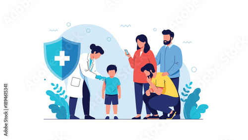 A compassionate female doctor administers a vaccine to a young boy who is supported by his loving family, all under the protection of a large medical shield.