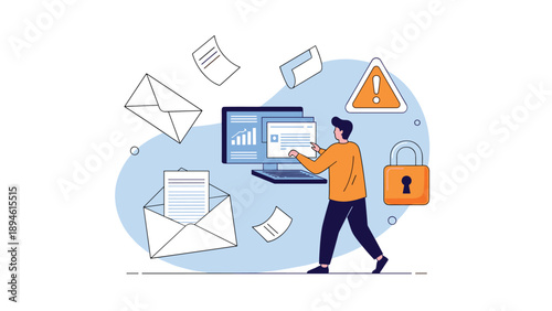A man works at his computer surrounded by flying emails and documents, with a padlock and warning sign illustrating concepts of email security and data protection.