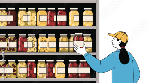 A young woman wearing a cap shops in a supermarket, choosing a jar of preserved food from a well-stocked grocery store shelf.