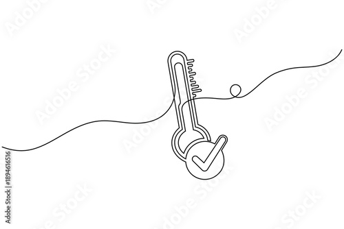 Medical thermometer with check mark icon continuous one line art drawing for minimalist health test and result design