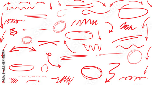 Black pencil hand drawn various oval, chalked arrows, check marks. Collection of hand-drawn red doodle arrows, circles, underlines, and wavy lines to highlight information