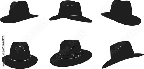 Black fedora hat silhouettes, vintage fashion headwear, classic men’s accessory, elegant retro style, isolated vector hats collection, stylish illustration, design