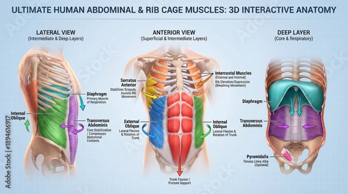 Detailed Illustration of Human Abdominal and Rib Cage Muscles Anatomy with Layers and Functions