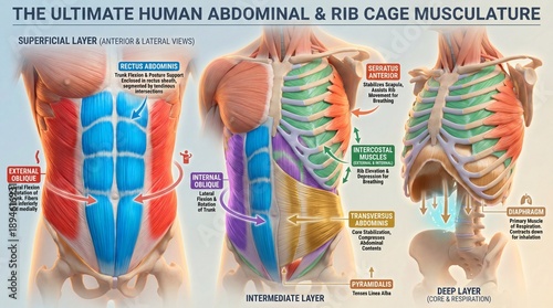 Detailed Illustration of Human Abdominal and Rib Cage Muscle Anatomy for Educational Purposes
