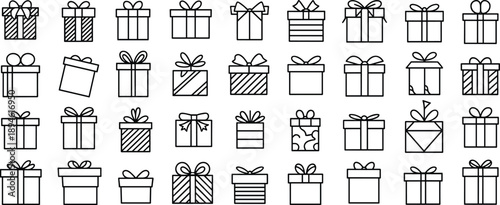 Collection of gift box icons, presents with bows, ribbons, holiday packaging, celebration, birthday, Christmas, wrapped boxes, line art, vector set