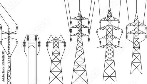 Collection of high voltage power transmission tower designs, electrical pylons silhouette, electricity infrastructure vector illustration, energy distribution concept art