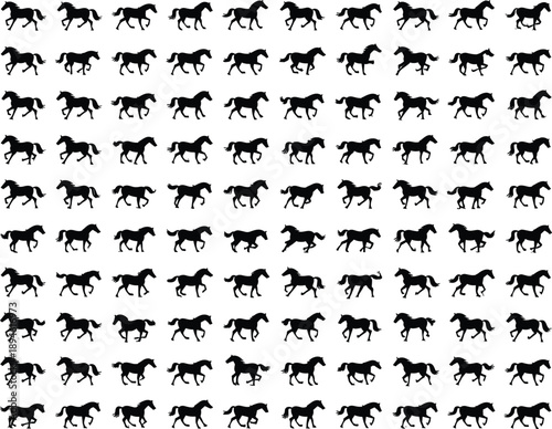 Collection of horse silhouettes in various running and trotting poses, animal vector set, black horse icons, equine motion illustrations, horse shapes.