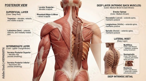 Detailed Anatomy Posterior View of Human Muscles and Back Layer Structure for Educational Use