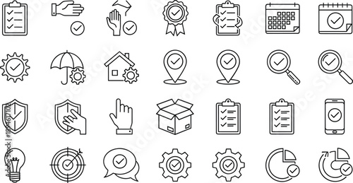 Checklist icons set, task management symbols, productivity outline, project planning, workflow optimization, approval process, business organization, quality control, goals, success