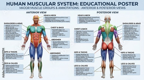 Human Muscular System Educational Poster with Major Muscle Groups and Annotations Front and Back