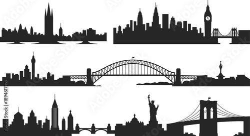 City skyline silhouettes vector set, famous landmarks illustration, urban architecture design elements, travel cityscape icons for graphic projects