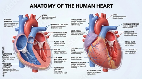 Detailed Anatomical Diagram of the Human Heart with Labelled Structures and Functions