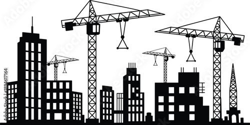 City skyline under construction, tower cranes working, urban development silhouette, high-rise buildings project, construction site view, industrial city growth