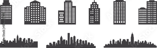 City skyline silhouettes, modern building icons, urban architecture design, cityscape vector, downtown skyline, skyscraper shapes, real estate symbols, business district graphics