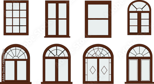 Classic arched and rectangular wooden window vector set, traditional architecture frames, vintage pane design elements, home construction decoration, house facade illustration, realistic window shapes