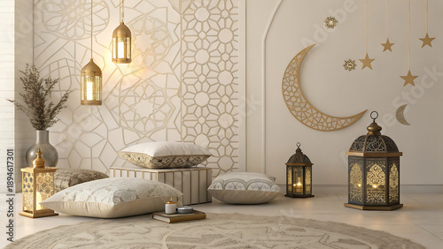 Elegant ramadan decor with lanterns and crescent moon